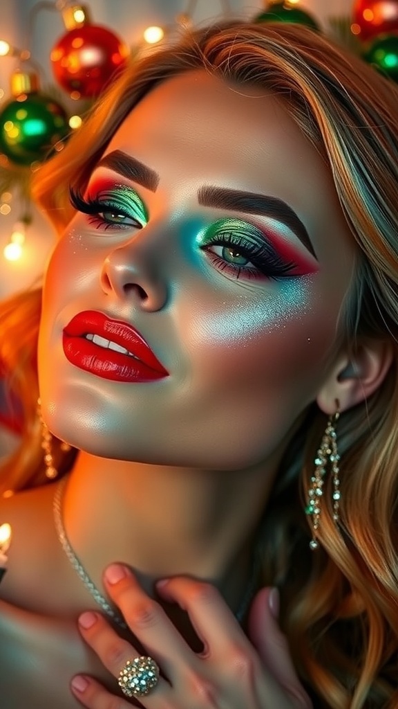 Unique Christmas Makeup Ideas A festive Christmas makeup look with red lips and green eyeshadow, surrounded by holiday decorations.